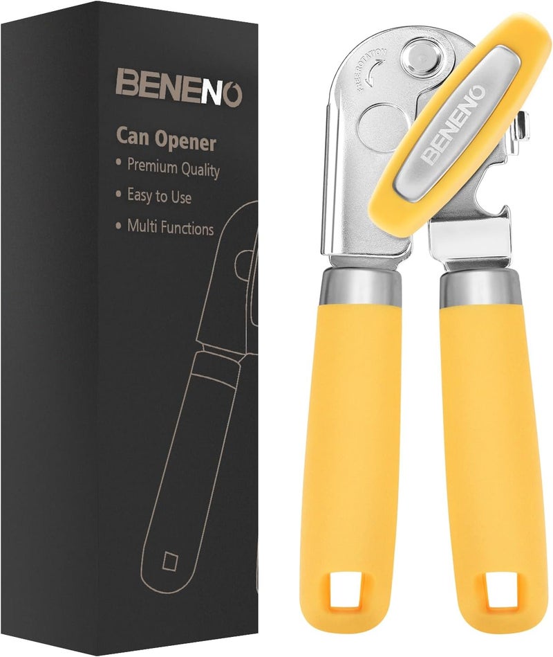 Beneno Heavy Duty Hand Can Opener Manual with Magnet, Durable Sharp Carbon Steel Blade Smooth Cutting, Big Effort-Saving Knob, Soft Grip Handle, Multifunctional Kitchen Tool with Bottle Opener, Yellow - Image 1